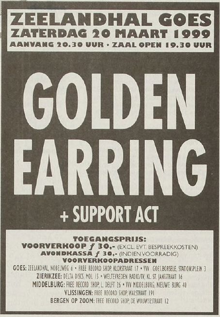 Golden Earring show ad March 20, 1999 Goes - Zeelandhal